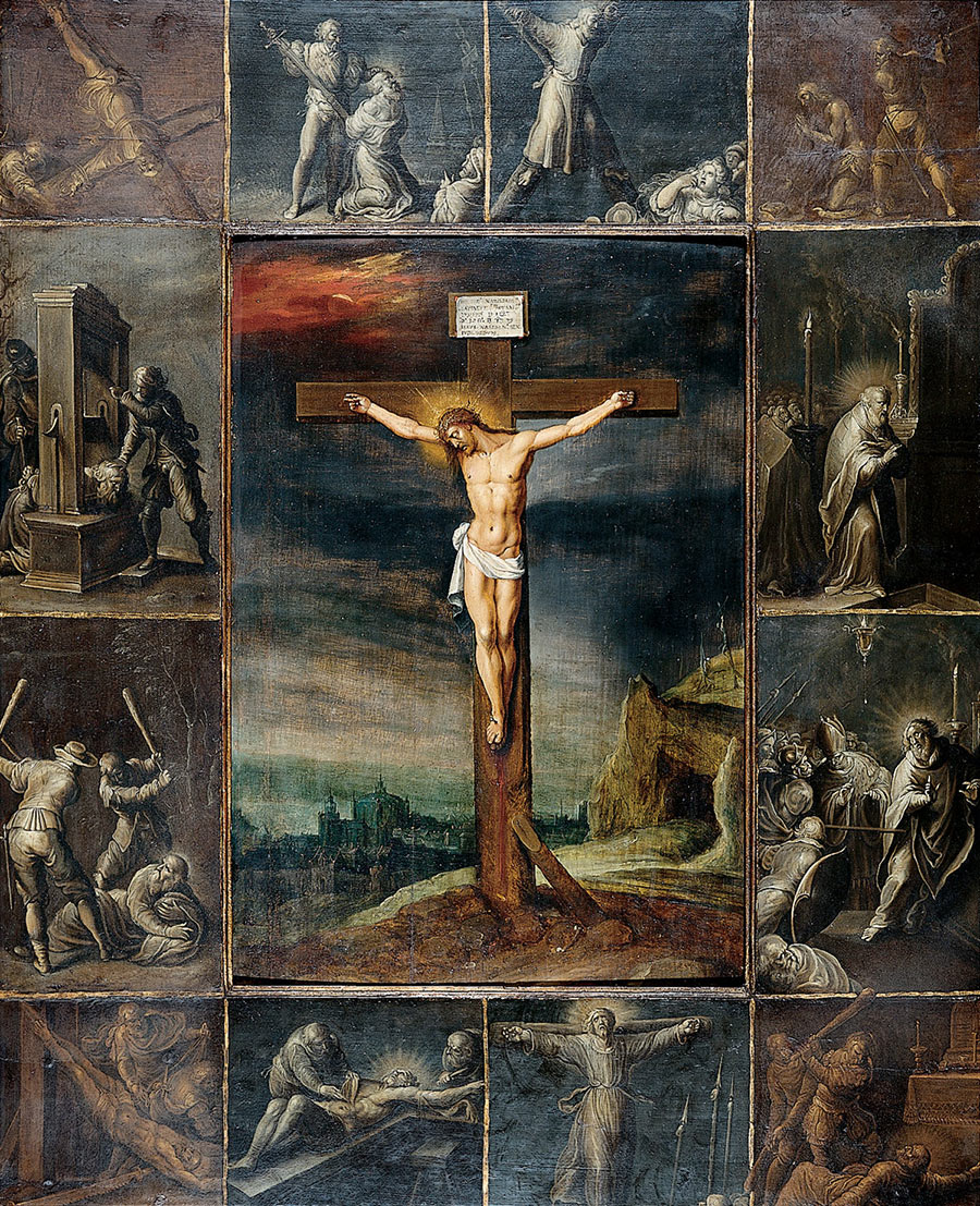 Frans Francken the Younger - THE CRUCIFIED CHRIST ENFRAMED WITH SCENES OF MARTYRDOM OF THE APOSTLES