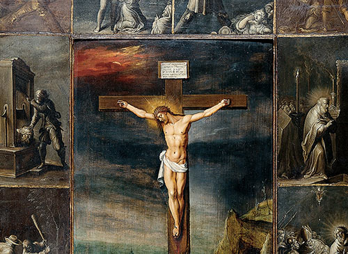 Frans Francken the Younger – THE CRUCIFIED CHRIST ENFRAMED WITH SCENES OF MARTYRDOM OF THE APOSTLES