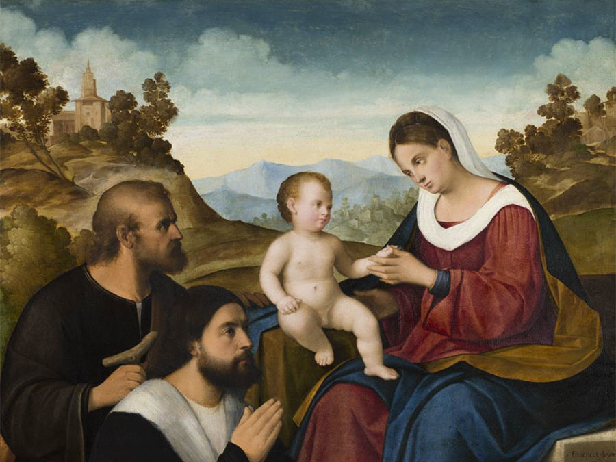 Pier Francesco Bissolo – THE HOLY FAMILY WITH A DONOR IN A LANDSCAPE