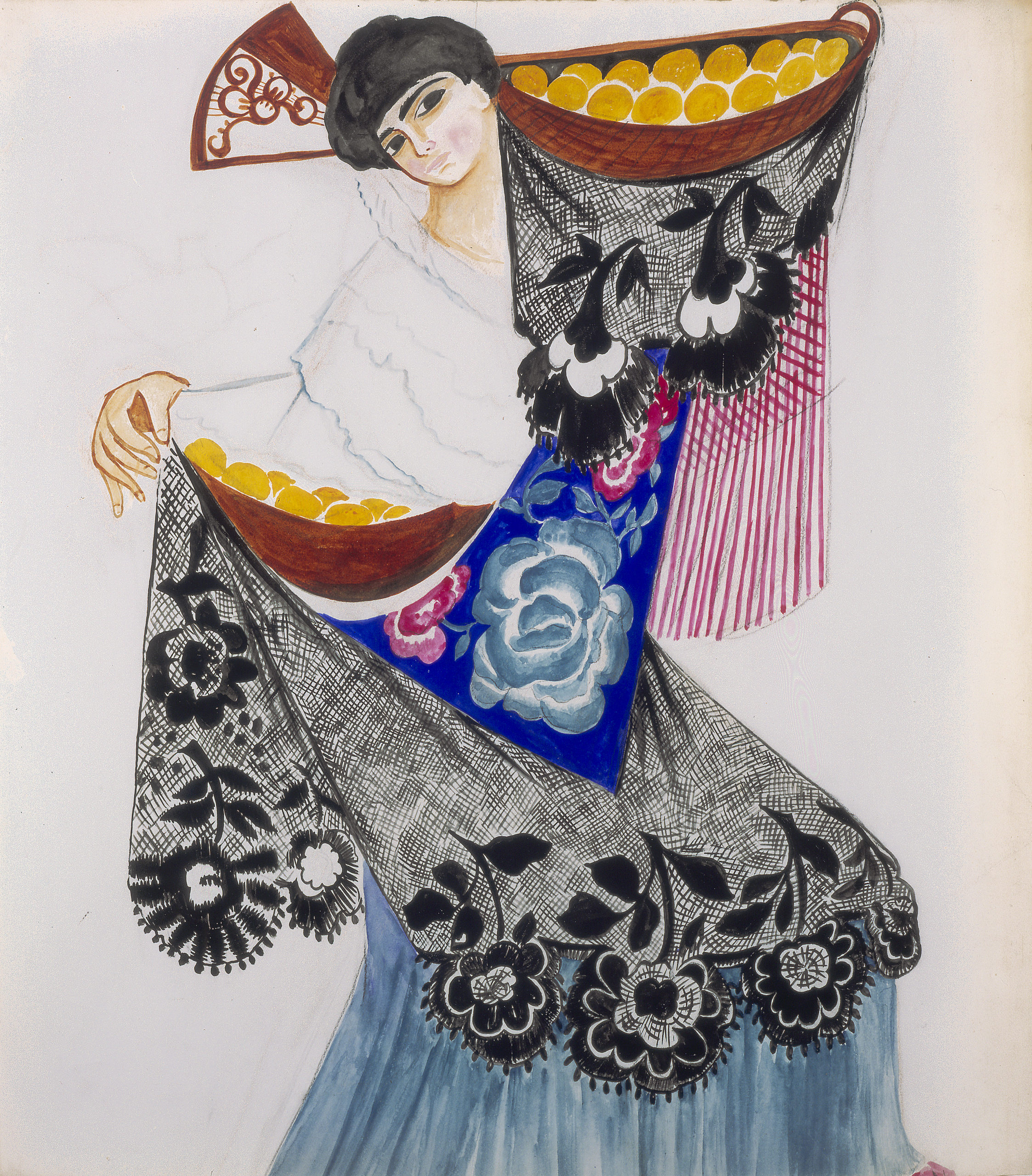 Costume design for a Spanish dancer with oranges. Dancing woman in colorful traditional costume, carrying a basket of oranges aloft.  