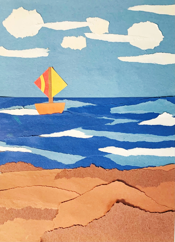 An example of the torn paper seascape that will be created in this lesson.