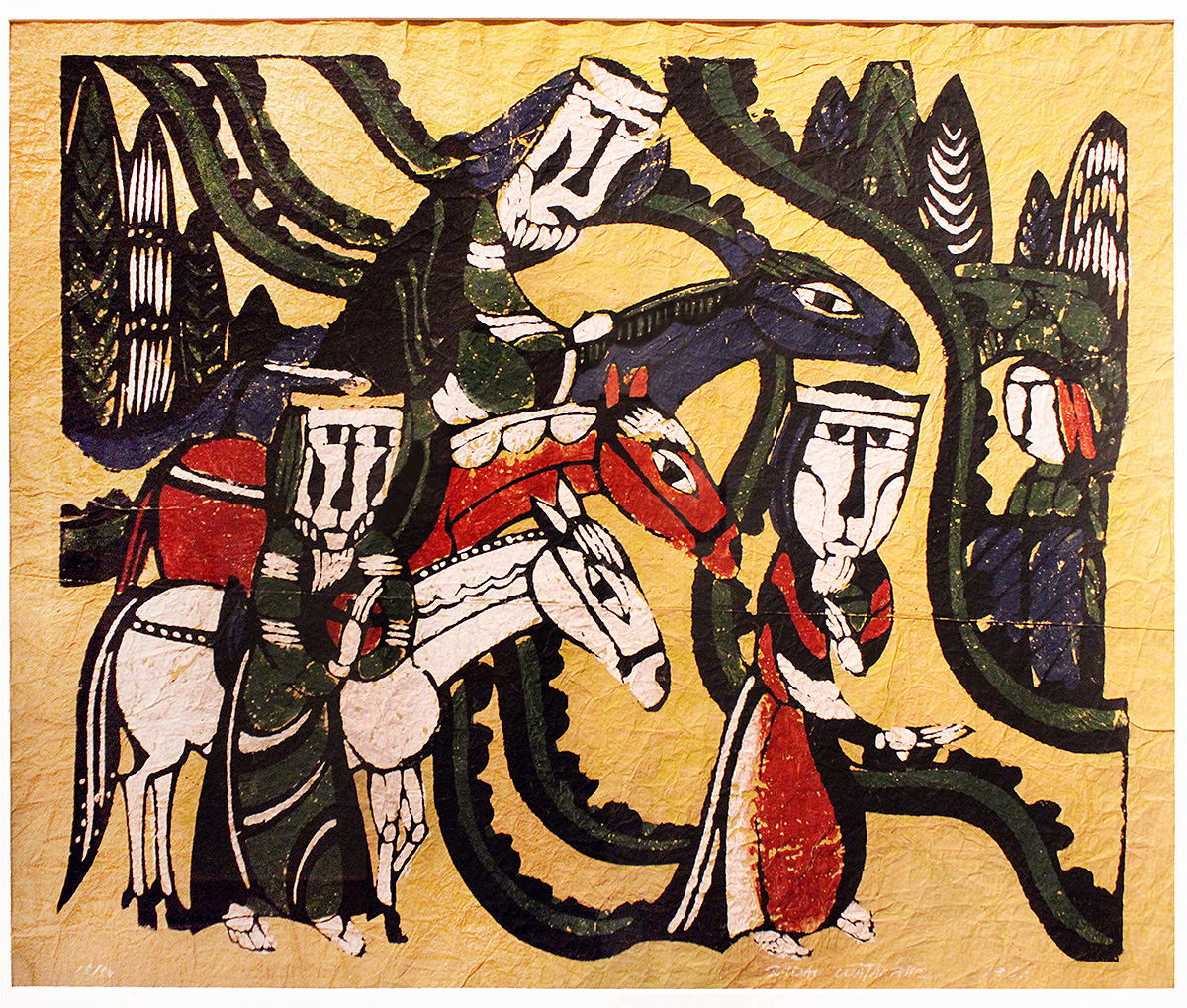 The image depicts the print Arrival of the Three Kings, created in 1966 by Japanese artist Sadao Watanabe 