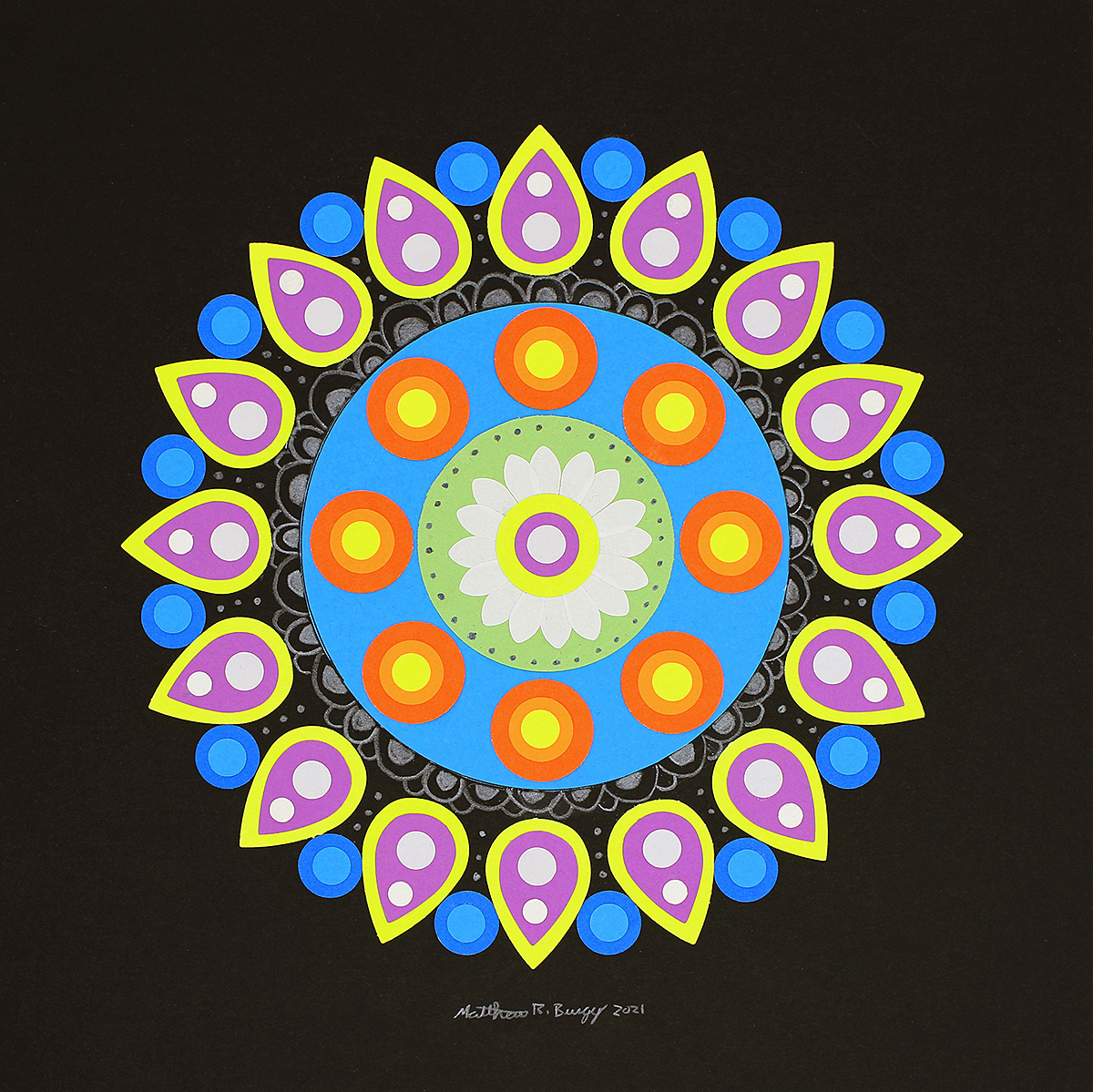 Pictured is an example of the Rangoli Pattern Collage that you can make with this month's ARTventures lesson.