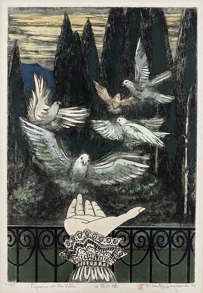 Shown is this month's featured artwork, the etching Pigeons of the Villa, created in 1949 by Nakayama Masami.