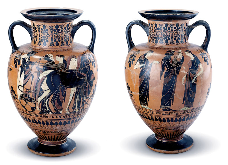 The image shows two views this month's featured artwork, a Greek amphora, created about 520 BCE by the so-called Dayton Painter.