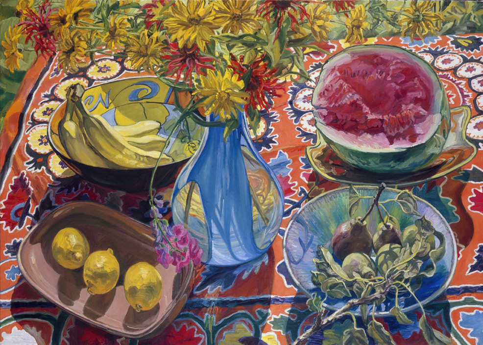 The featured artwork for this lesson is Janet Fish's 2008 painting Embroidery from Uzbekistan