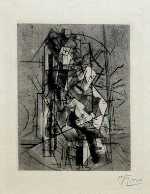 The image shows this week's featured artwork, Pablo Picasso's etching Man with a Guitar, created in 1915.