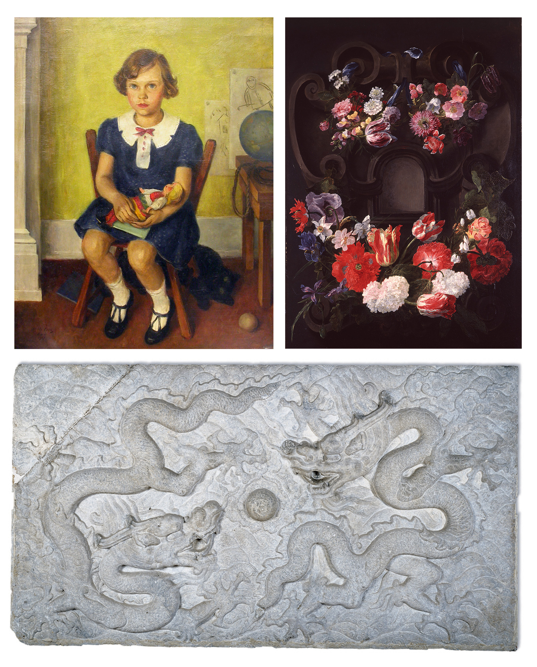 The image shows this month's featured artworks: John M. King, Kathryn, 1937; Jan Fyt, Garland of Flowers, 1643; Artist Unidentified, Relief with Design of Dragons, 15th century