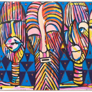 A colorful African-style painting of 5 masks. The background is a turquoise blue with deep blue triangles and the Masks in the foreground feature bright multicolored stripes and shapes that follow the contours of each mask.
