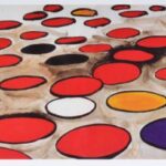 A landscape formatted work on paper featuring primary colored ellipses in red, yellow, white, blue and black on a beige-painted background.