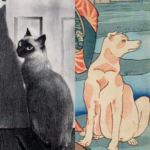On the left a lithograph print of a Tonkinese cat facing a door casting a shadow on the ground. On the right a closeup of a Japanese woodblock print. The print features a dog, sitting facing the viewer but looking to his left.
