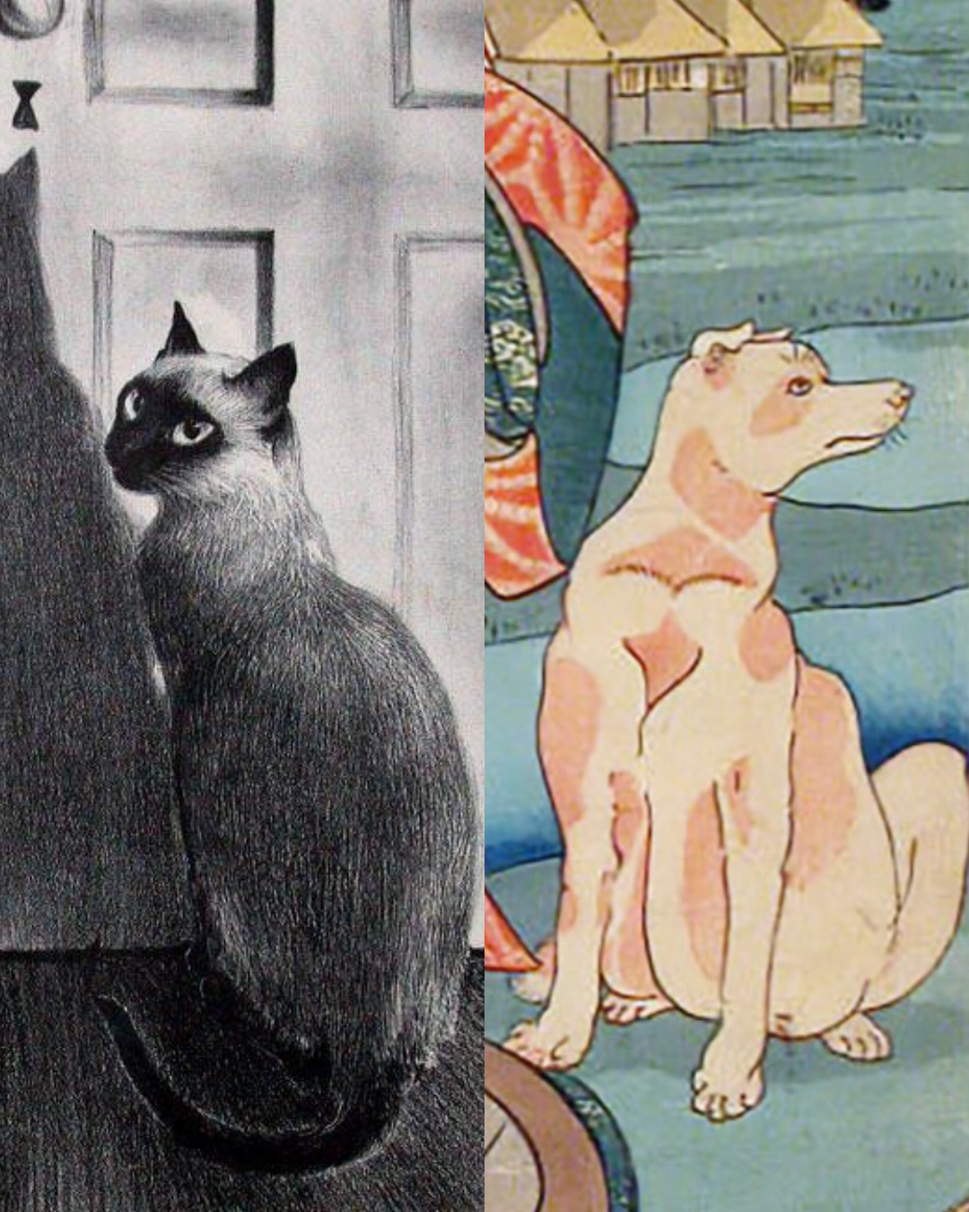 On the left a lithograph print of a Tonkinese cat facing a door casting a shadow on the ground. On the right a closeup of a Japanese woodblock print. The print features a dog, sitting facing the viewer but looking to his left.